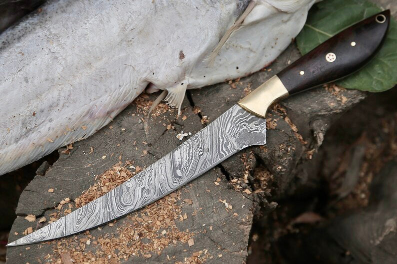 Damascus Fillet Knife – 13" Rosewood Handle & Leather Sheath