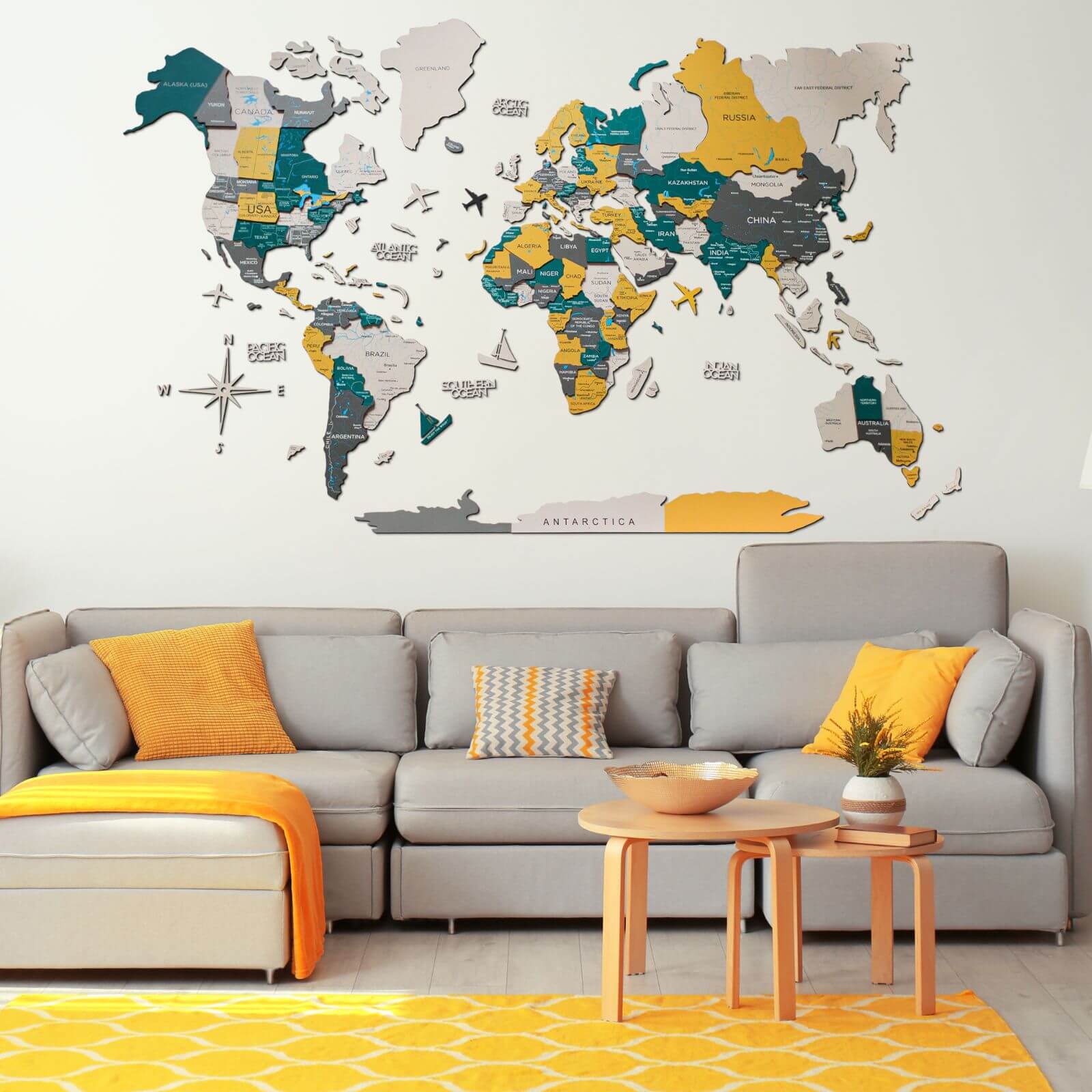 Travel Wall Decor Set: 3D Wooden Colored Map with Flag Pins
