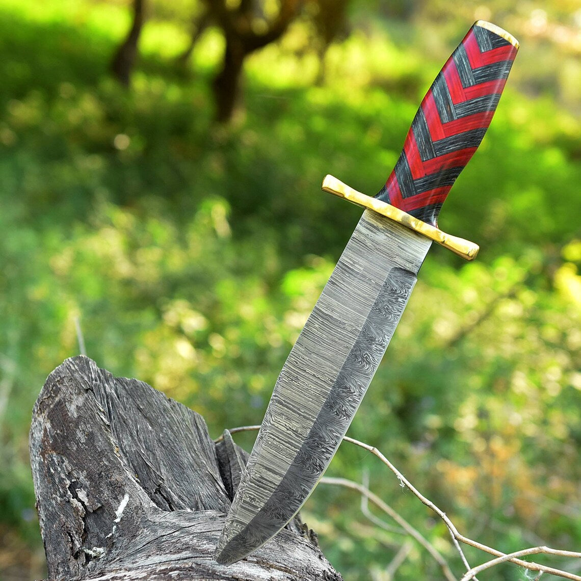 Antique Damascus Steel Bowie Knife – 11" with Brass Guard and Pakka Wood Handle