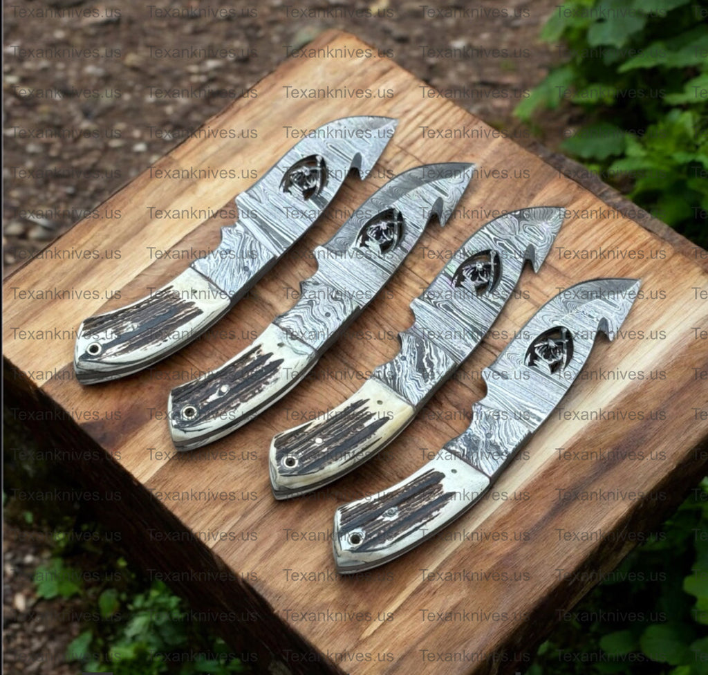 Custom Handmade Guthook Hunter Knife | Damascus Steel & Stag Horn Handle