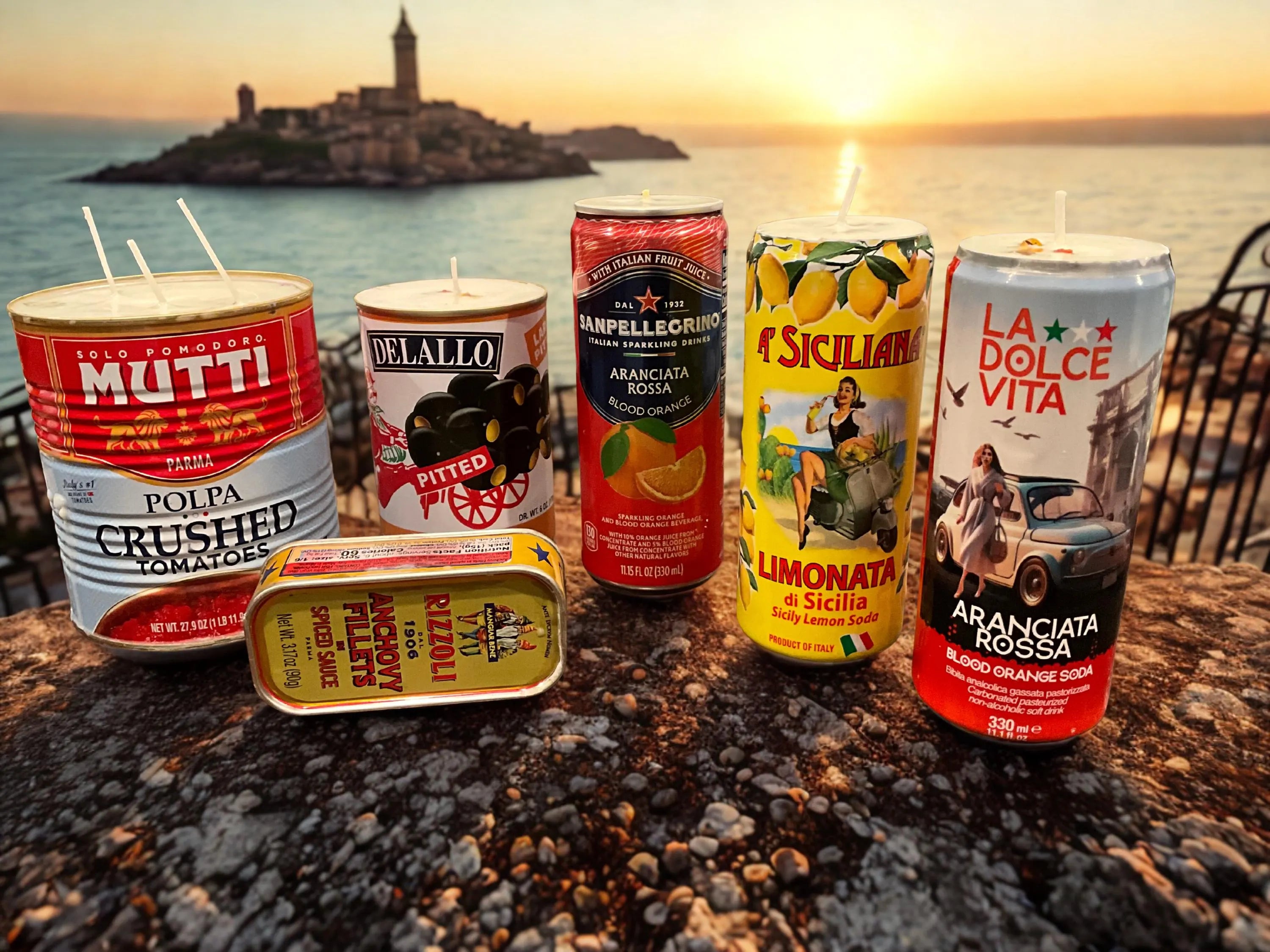 Bring a touch of Italian charm to your home with unique, hand-poured soy candles with light citrus scent crafted in repurposed Italian cans