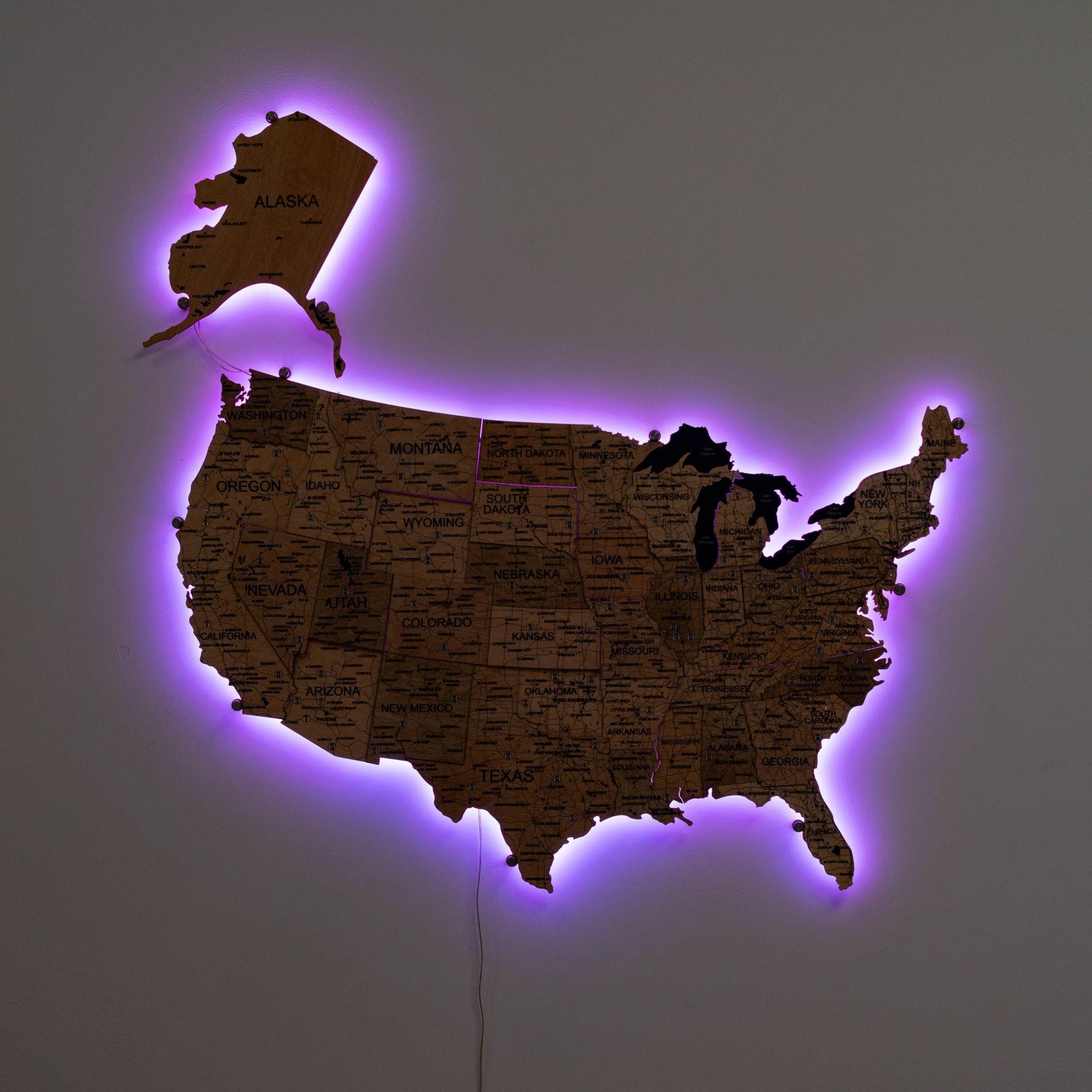 Wooden 3d LED Map of USA  - Gold
