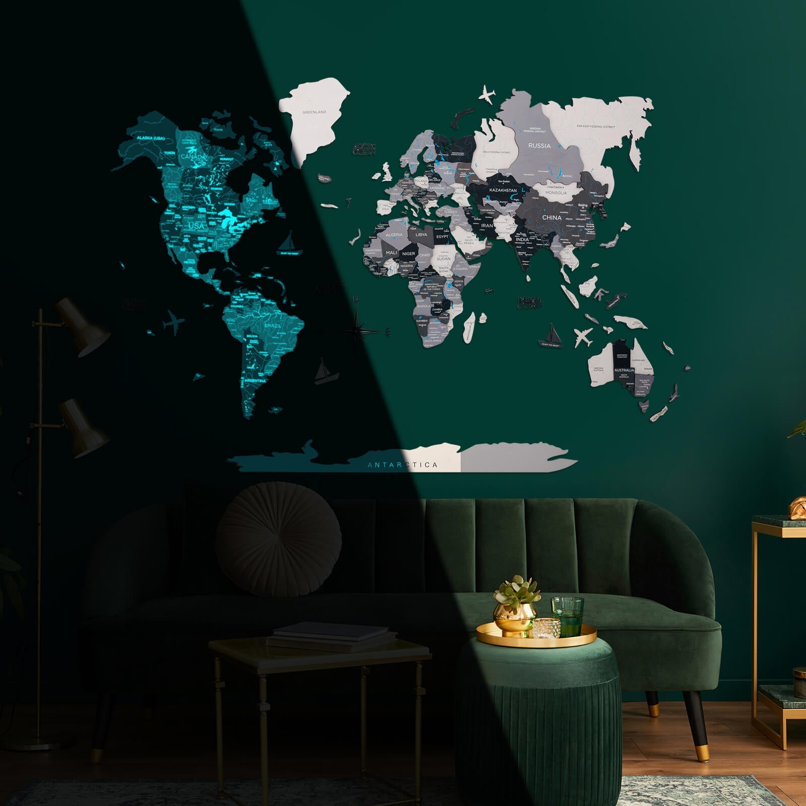 3D Luminous Colored Wooden World Map Nordik
