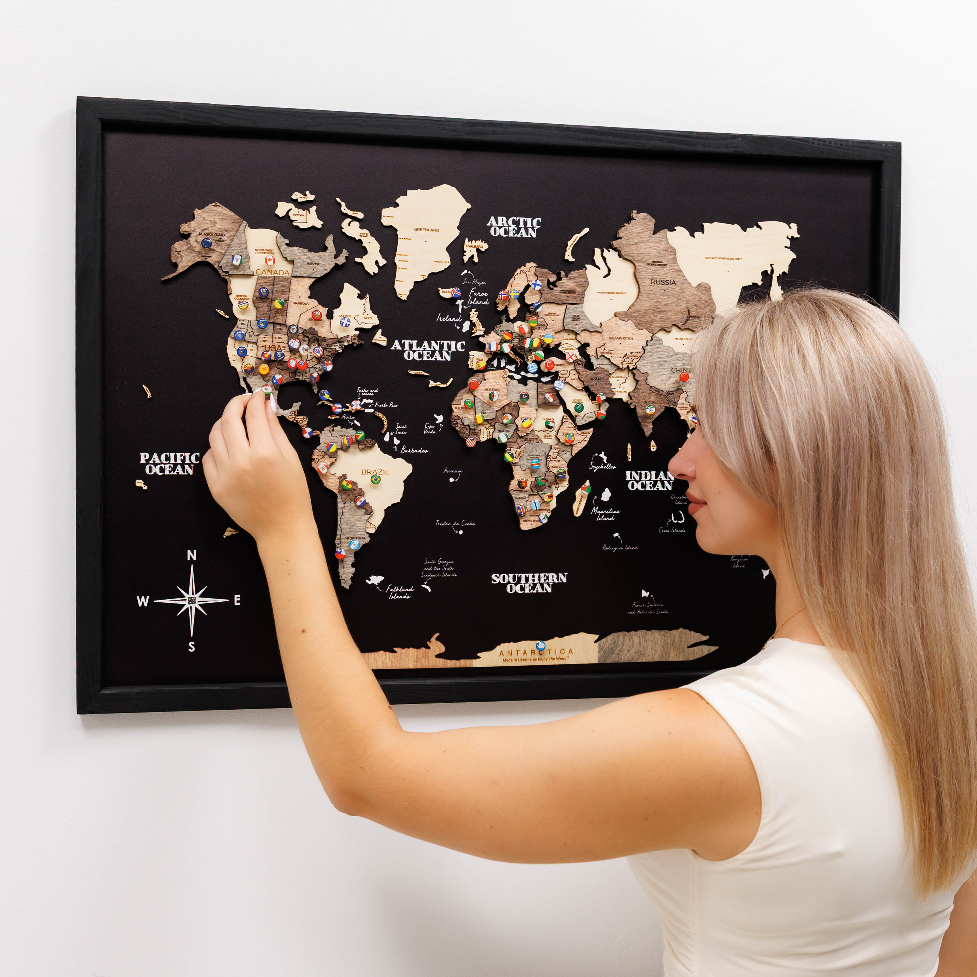 3D Wooden Panel World Map - Smokey